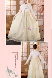 Hanbok Áo Hồng Cổ Thêu Váy Voan Vàng Thêu Hoa Mẫu Mới