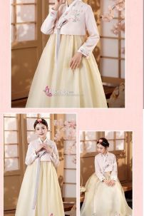 Hanbok Áo Hồng Cổ Thêu Váy Voan Vàng Thêu Hoa Mẫu Mới