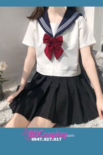 Nữ Sinh Áo Trắng 3 Sọc - Váy Xanh Đen Cơ Bản