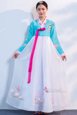 Hanbok Hàn Quốc Voan Thêu Áo Xanh Váy Trắng