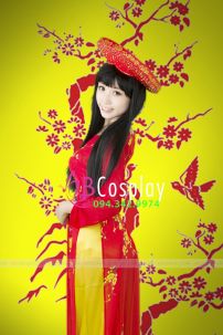 Áo Dài Đỏ Hoa Mai Cổ Tròn