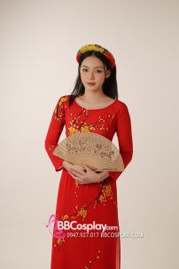 Áo Dài Đỏ Hoa Mai Cổ Tròn