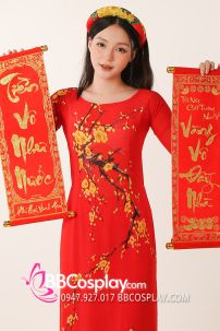Áo Dài Đỏ Hoa Mai Cổ Tròn