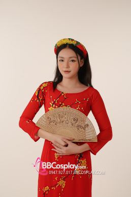 Áo Dài Đỏ Hoa Mai Cổ Tròn