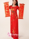 Áo Dài Đỏ Hoa Mai Cổ Tròn
