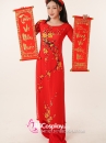 Áo Dài Đỏ Hoa Mai Cổ Tròn