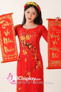 Áo Dài Đỏ Hoa Mai Cổ Tròn