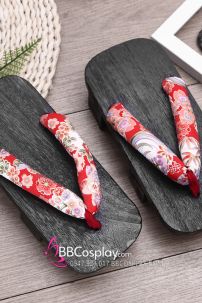 Guốc Gỗ Geta Bản Gỗ Đen Đế Cao Quai Đỏ Hoa