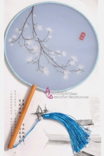 Quạt Tròn Cổ Trang Quạt Mỹ Nhân Hoa Trắng Nền Xanh