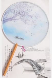 Quạt Tròn Cổ Trang Quạt Mỹ Nhân Hoa Tím Và Con Đò