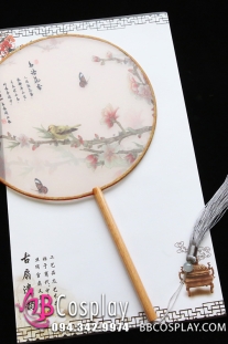Quạt Tròn Hán Phục Cán Gỗ Chim Đậu Cành Đào