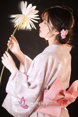 Yukata Hồng Nền Hoa Trắng