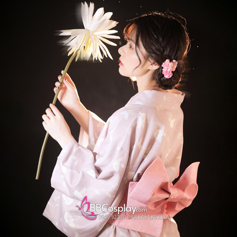 Yukata Hồng Nền Hoa Trắng