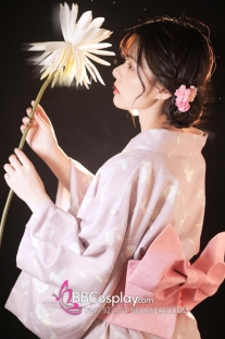 Yukata Hồng Nền Hoa Trắng