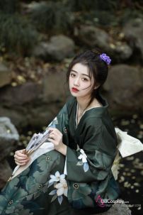 Yukata Xanh Rêu Hoa Trắng Tặng Kèm Thắt Lưng