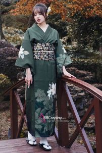Yukata Xanh Rêu Hoa Trắng Tặng Kèm Thắt Lưng