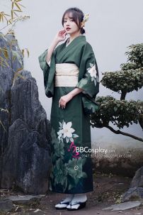 Yukata Xanh Rêu Hoa Trắng Tặng Kèm Thắt Lưng