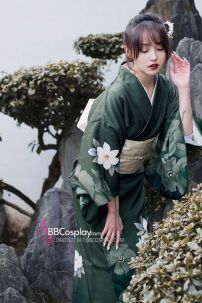 Yukata Xanh Rêu Hoa Trắng Tặng Kèm Thắt Lưng