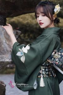 Yukata Xanh Rêu Hoa Trắng Tặng Kèm Thắt Lưng