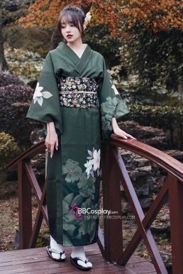 Áo Yukata Kimono Xanh Rêu Hoa Trắng Tặng Kèm Thắt Lưng