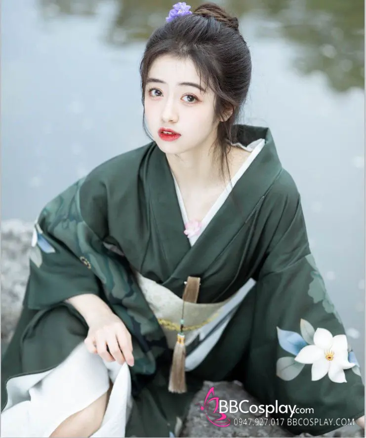 Yukata Xanh Rêu Hoa Trắng Tặng Kèm Thắt Lưng