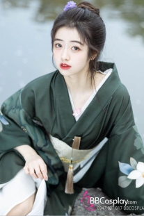 Yukata Xanh Rêu Hoa Trắng Tặng Kèm Thắt Lưng