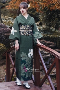 Yukata Truyền Thống Hoa Mộc Lan Nền Xanh Rêu