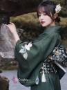 Yukata Xanh Rêu Hoa Trắng Tặng Kèm Thắt Lưng