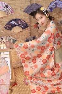 Áo Yukata Hoa Đào Cam Tặng Kèm Thắt Lưng