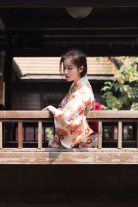 Áo Yukata Hoa Đào Cam Tặng Kèm Thắt Lưng