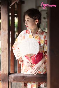 Áo Yukata Hoa Đào Cam Tặng Kèm Thắt Lưng