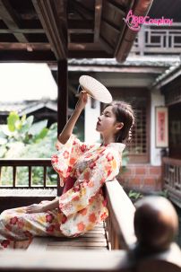 Áo Yukata Hoa Đào Cam Tặng Kèm Thắt Lưng