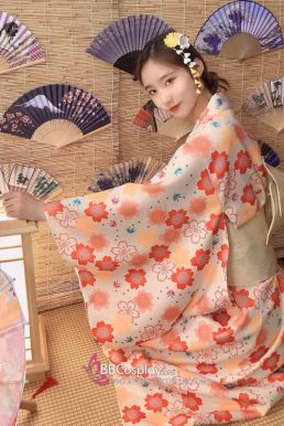 Áo Yukata Kimono Hoa Đào Cam Tặng Kèm Thắt Lưng