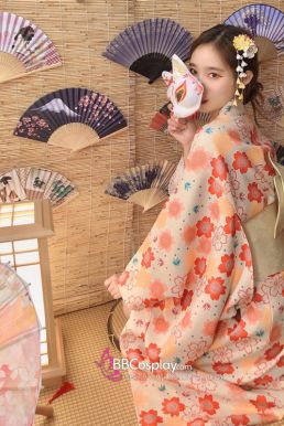 Áo Yukata Kimono Hoa Đào Cam Tặng Kèm Thắt Lưng