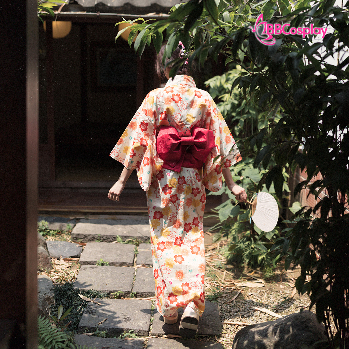 Áo Yukata Hoa Đào Cam Tặng Kèm Thắt Lưng