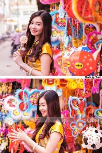 Sườn Xám Vàng Phi Ngắn Cổ Tàu Có Tay