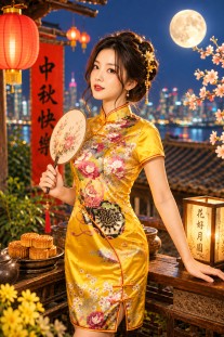 Sườn Xám Vàng Phi Ngắn Cổ Tàu Có Tay