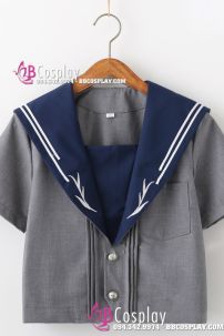 Trang Phục Seifuku Nữ Sinh Nhật Áo Xám Cổ Xanh Tay Ngắn