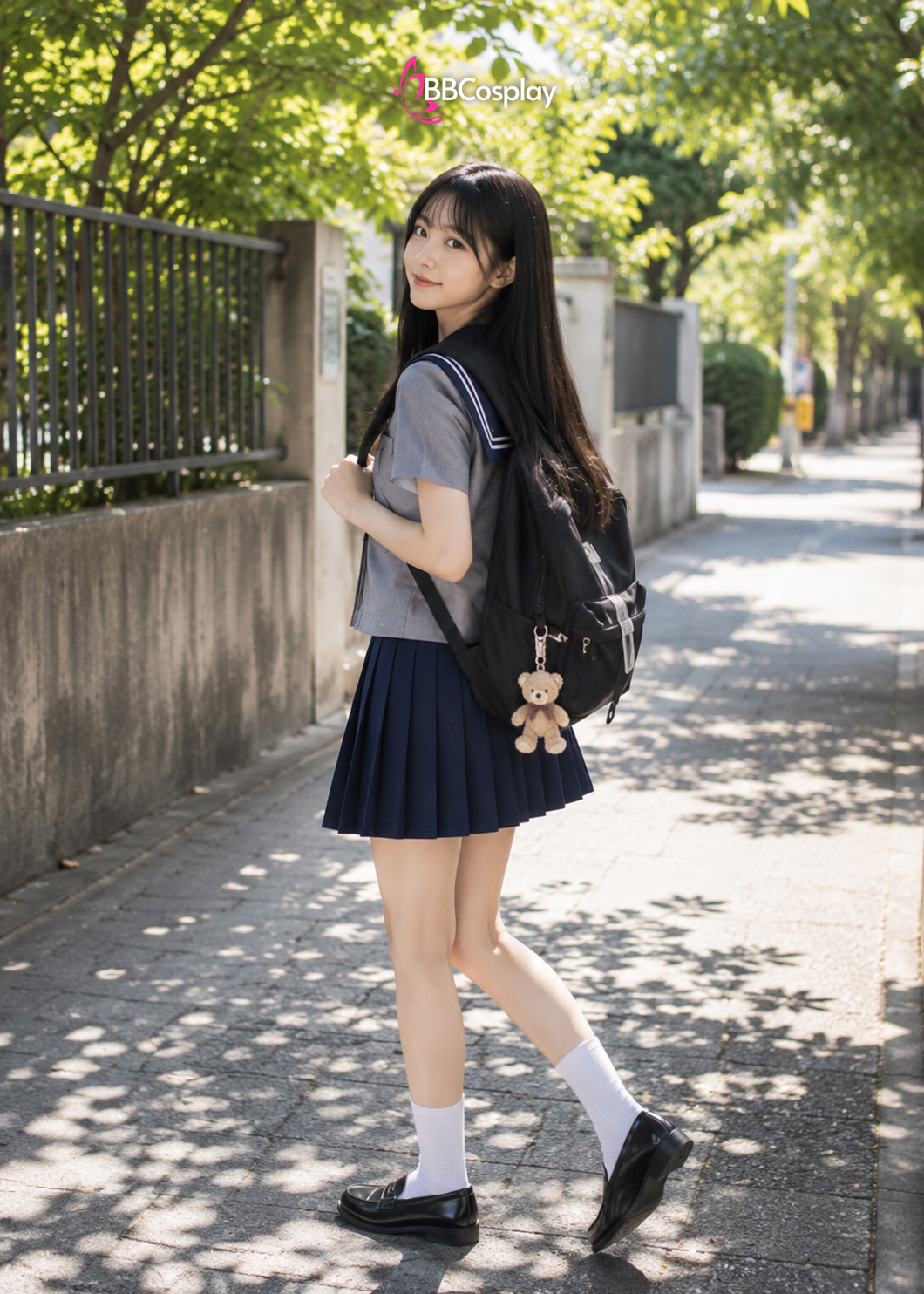Đồ Seifuku Nữ Sinh Nhật Áo Xám Cổ Xanh Tay Ngắn