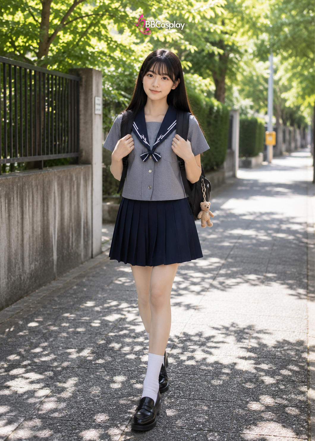 Đồ Seifuku Nữ Sinh Nhật Áo Xám Cổ Xanh Tay Ngắn