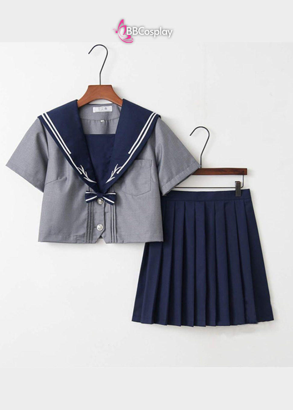 Đồ Seifuku Nữ Sinh Nhật Áo Xám Cổ Xanh Tay Ngắn