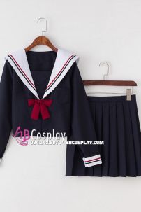 Trang Phục Nữ Sinh Xanh Đậm 2 Sọc Đỏ Tay Dài