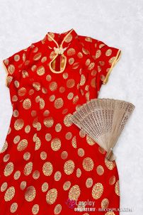 Sườn Xám Đỏ Đồng Tiền Vàng Size L