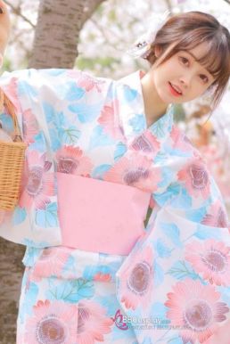 Áo Kimono Yukata Mùa Hè Xanh Tặng Kèm Thắt Lưng