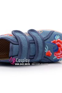 Hài Vải Trẻ Em Xanh Thêu Hoa Size 33
