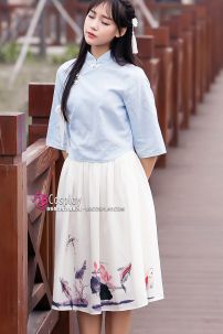 Hán Phục Cách Tân Cá Chép Áo Xanh Váy Kem