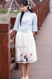 Hán Phục Cách Tân Cá Chép Áo Xanh Váy Kem