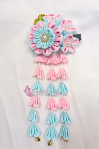 Kanzashi Hồng Tím Cài Tóc Nhật Bản Xanh Hồng Pastel - Lớn