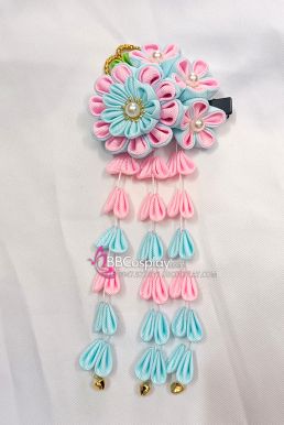 Kanzashi Hồng Tím Cài Tóc Nhật Bản Xanh Hồng Pastel - Lớn