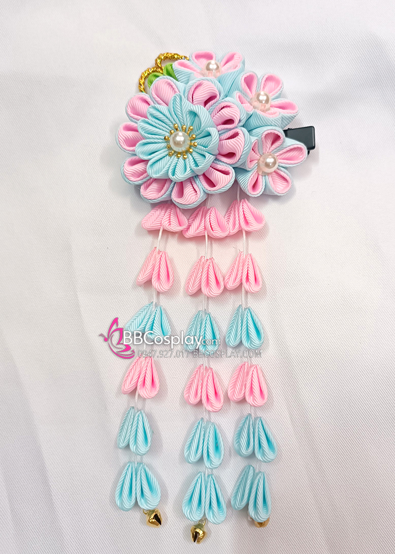 Kanzashi Hồng Tím Cài Tóc Nhật Bản Xanh Hồng Pastel - Lớn